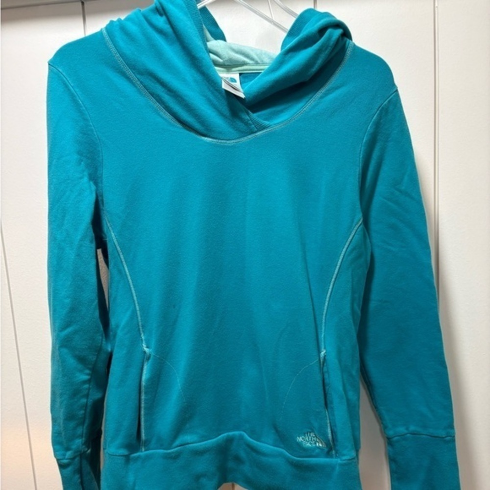 The North Face Hoodie Sweater Womens Size Medium Pullover Mock Neck Blue Pockets